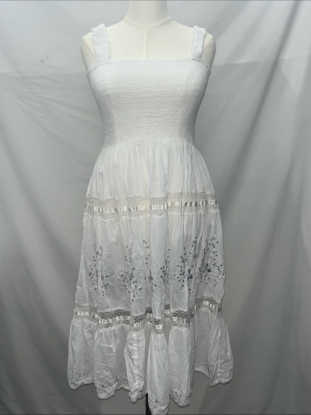 White Smocked Maxi Dress with Embroidered Tiers